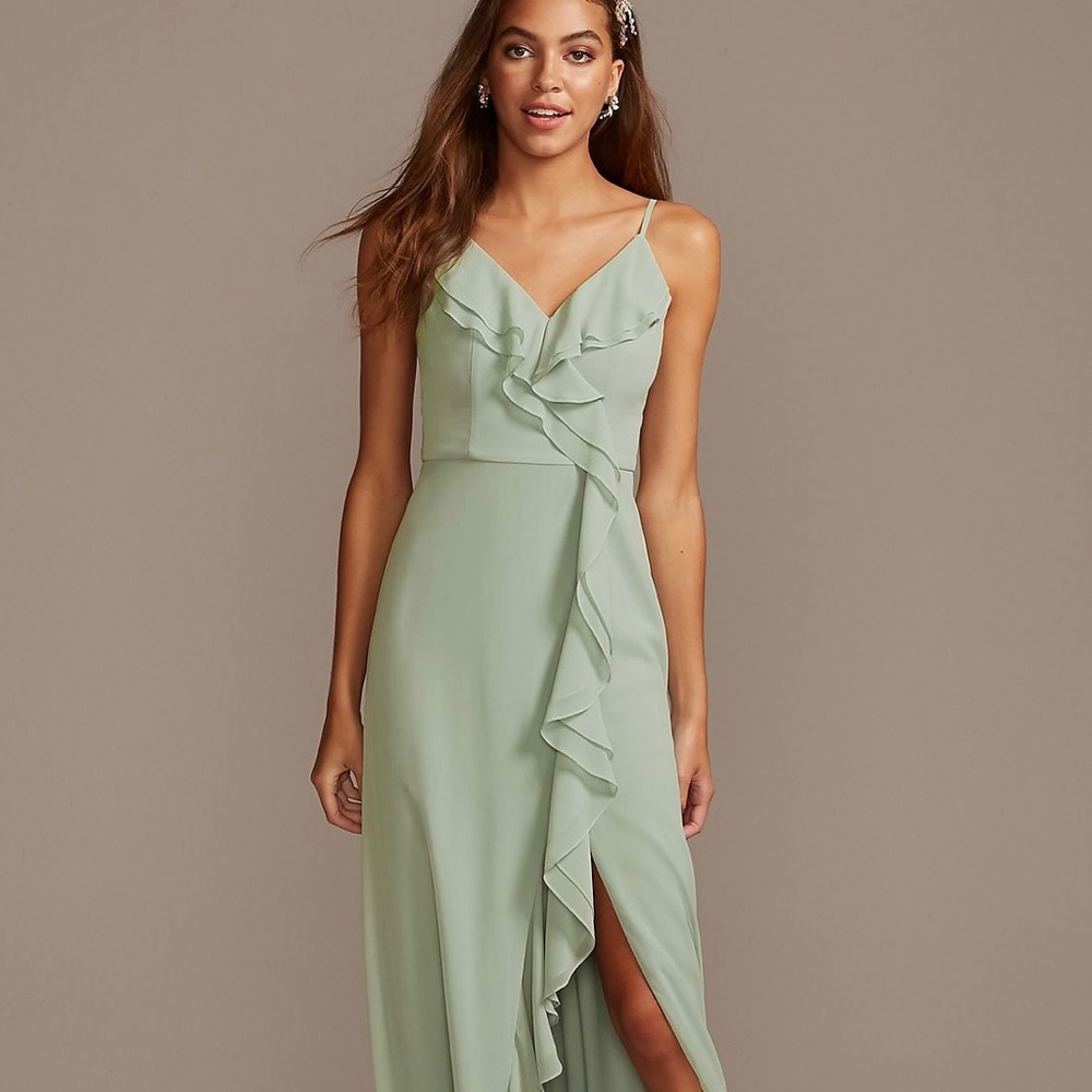 Ruffle Spaghetti-Strap Chiffon Dress with Slit